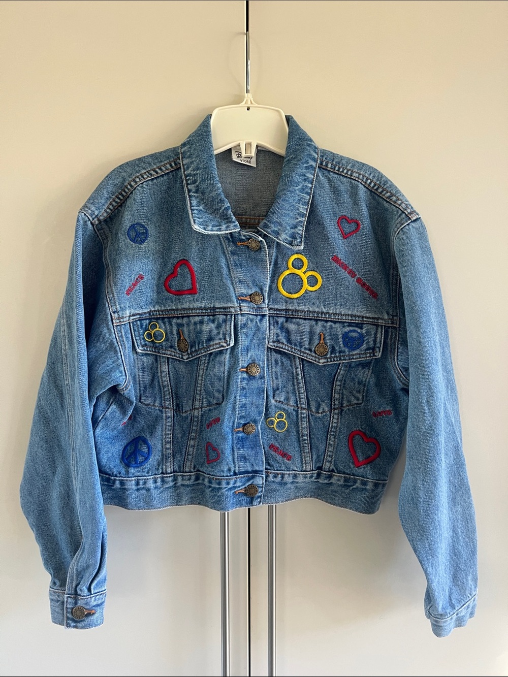 Vintage 90’s Disney Peace Love Embroidered Mickey Mouse Cropped Denim Jacket